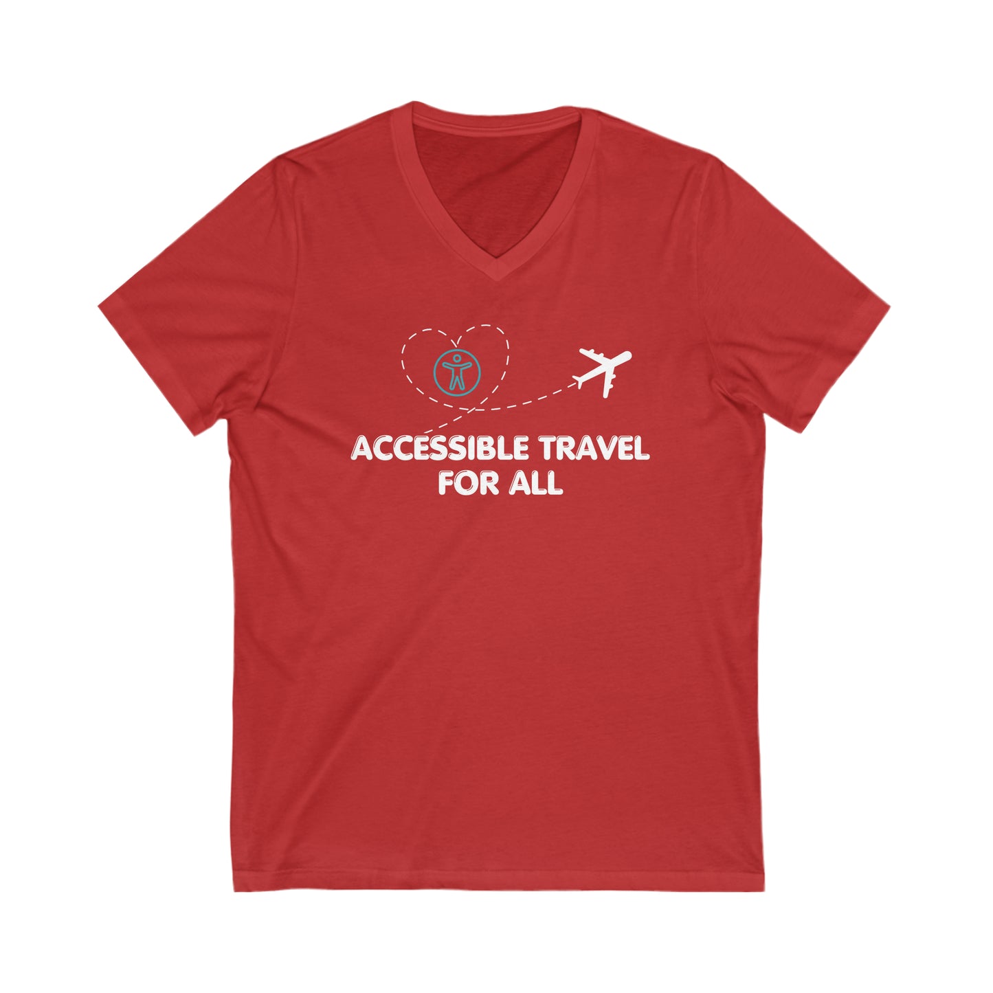 Red  tee with a white plane that has a trail in the shape of a heart that has the accessible logo within it. text below reads "Accessible travel for all"