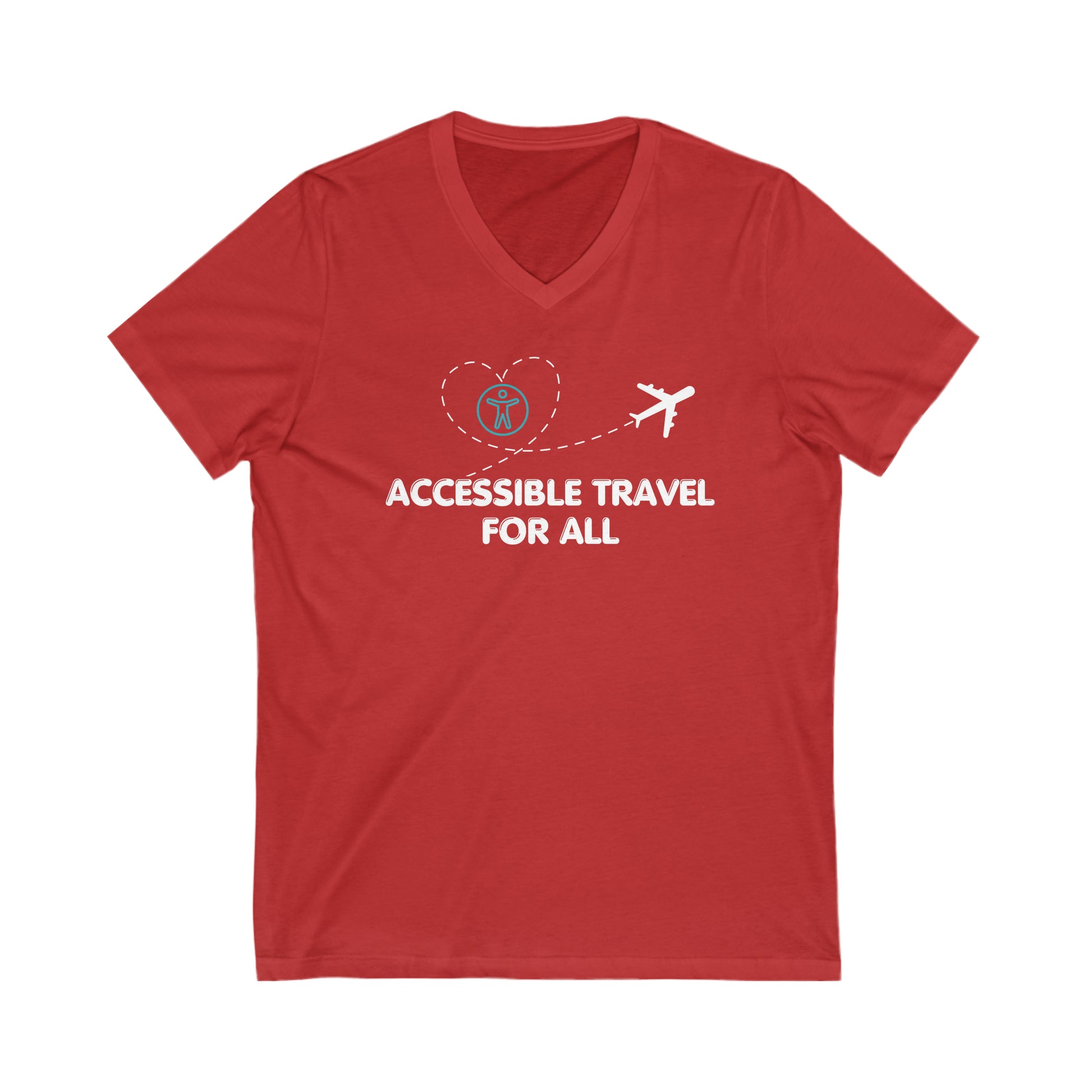 Red  tee with a white plane that has a trail in the shape of a heart that has the accessible logo within it. text below reads "Accessible travel for all"
