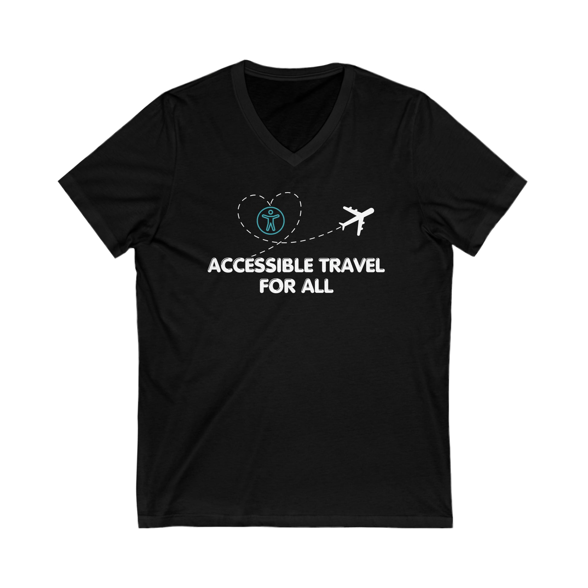 Black  tee with a white plane that has a trail in the shape of a heart that has the accessible logo within it. text below reads "Accessible travel for all"