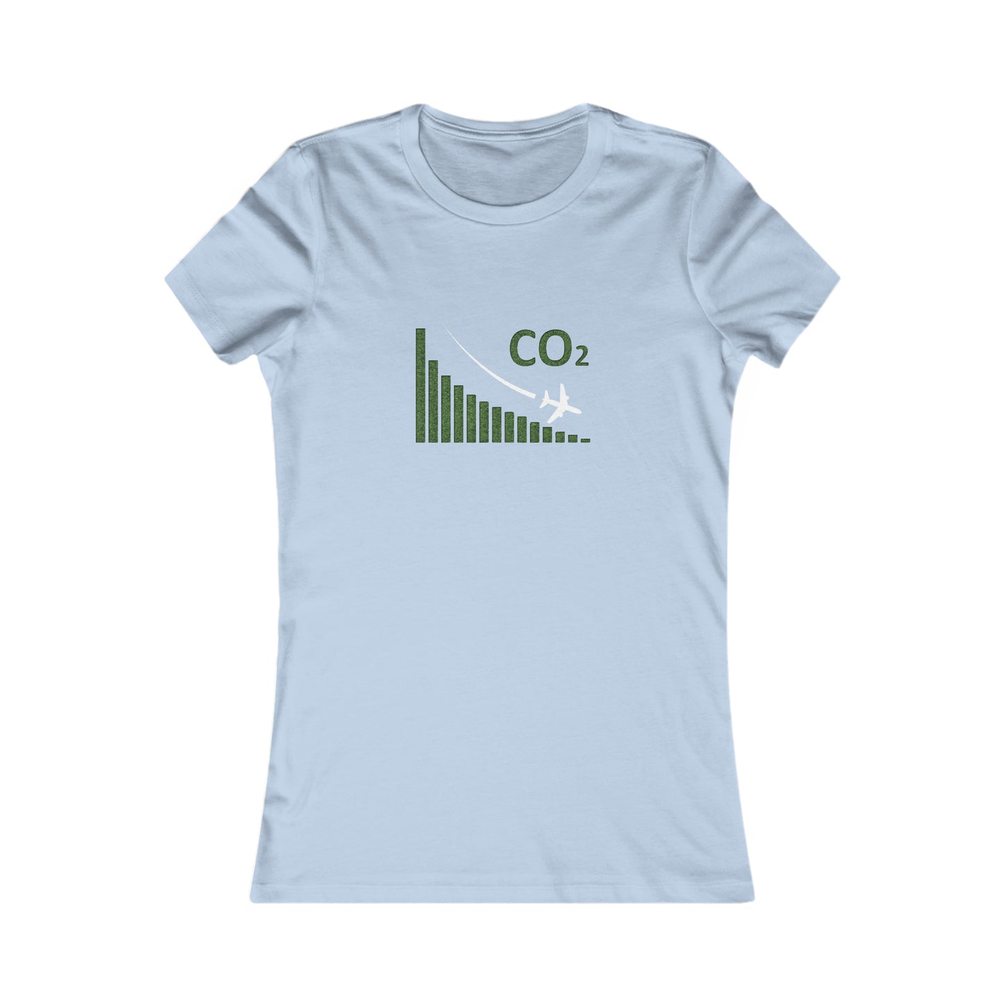 Baby Blue tee with image of a chart with a plane flying downwards and the text CO2 above to denote decreasing CO2 emissions. 