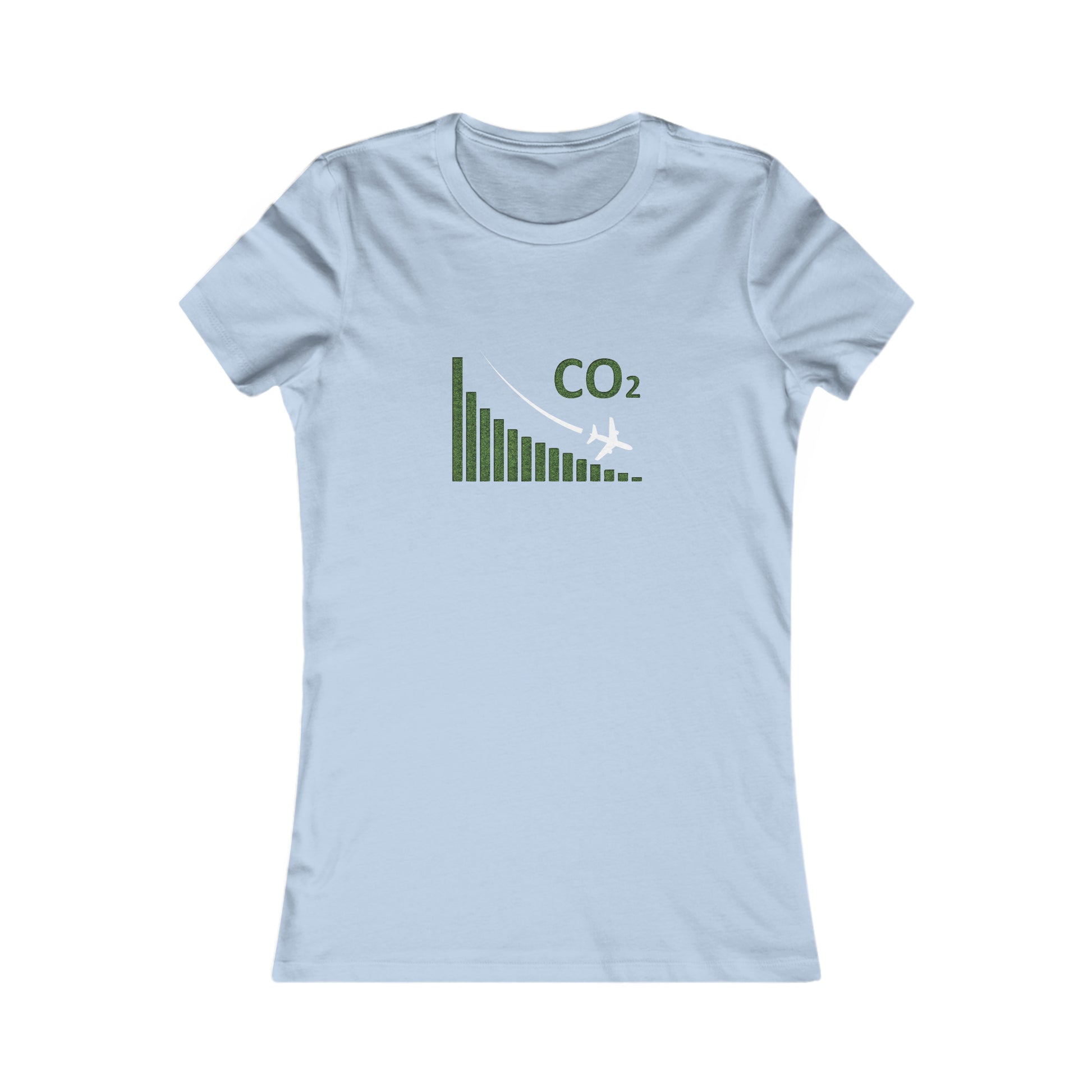Baby Blue tee with image of a chart with a plane flying downwards and the text CO2 above to denote decreasing CO2 emissions. 
