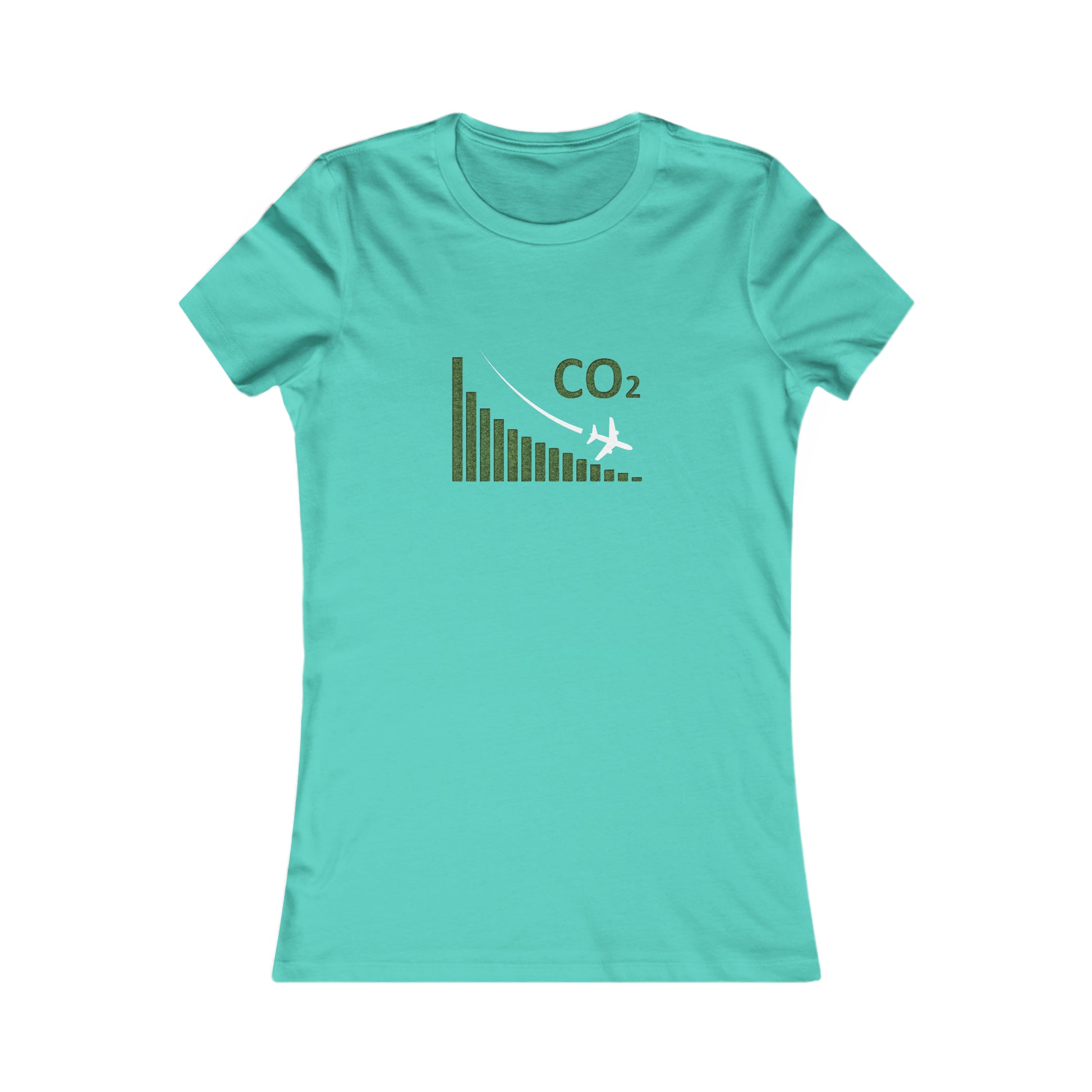 Teal tee with image of a chart with a plane flying downwards and the text CO2 above to denote decreasing CO2 emissions. 