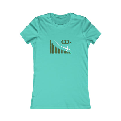 Teal tee with image of a chart with a plane flying downwards and the text CO2 above to denote decreasing CO2 emissions. 