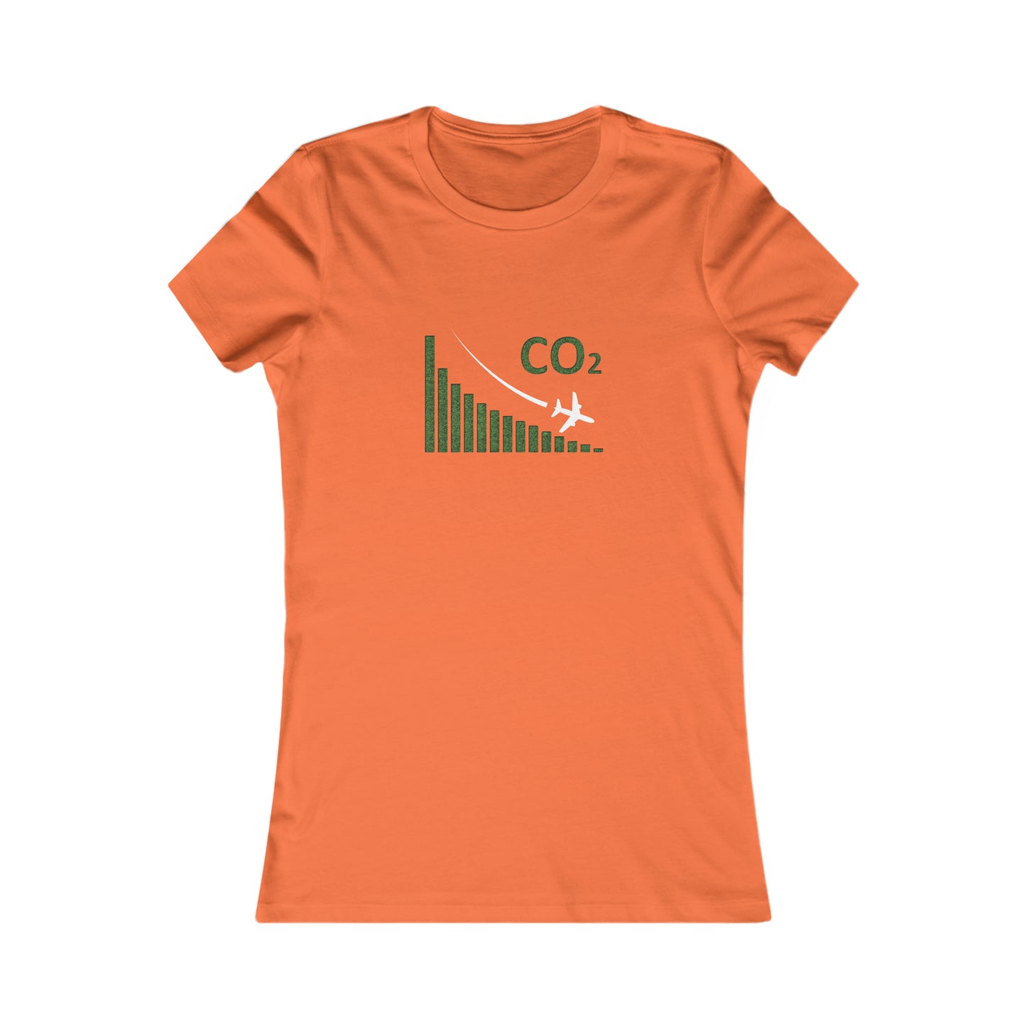 Orange tee with image of a chart with a plane flying downwards and the text CO2 above to denote decreasing CO2 emissions. 