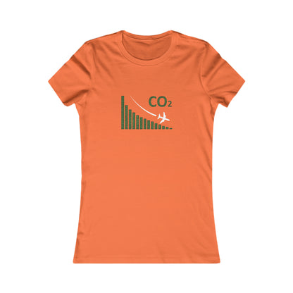 Orange tee with image of a chart with a plane flying downwards and the text CO2 above to denote decreasing CO2 emissions. 