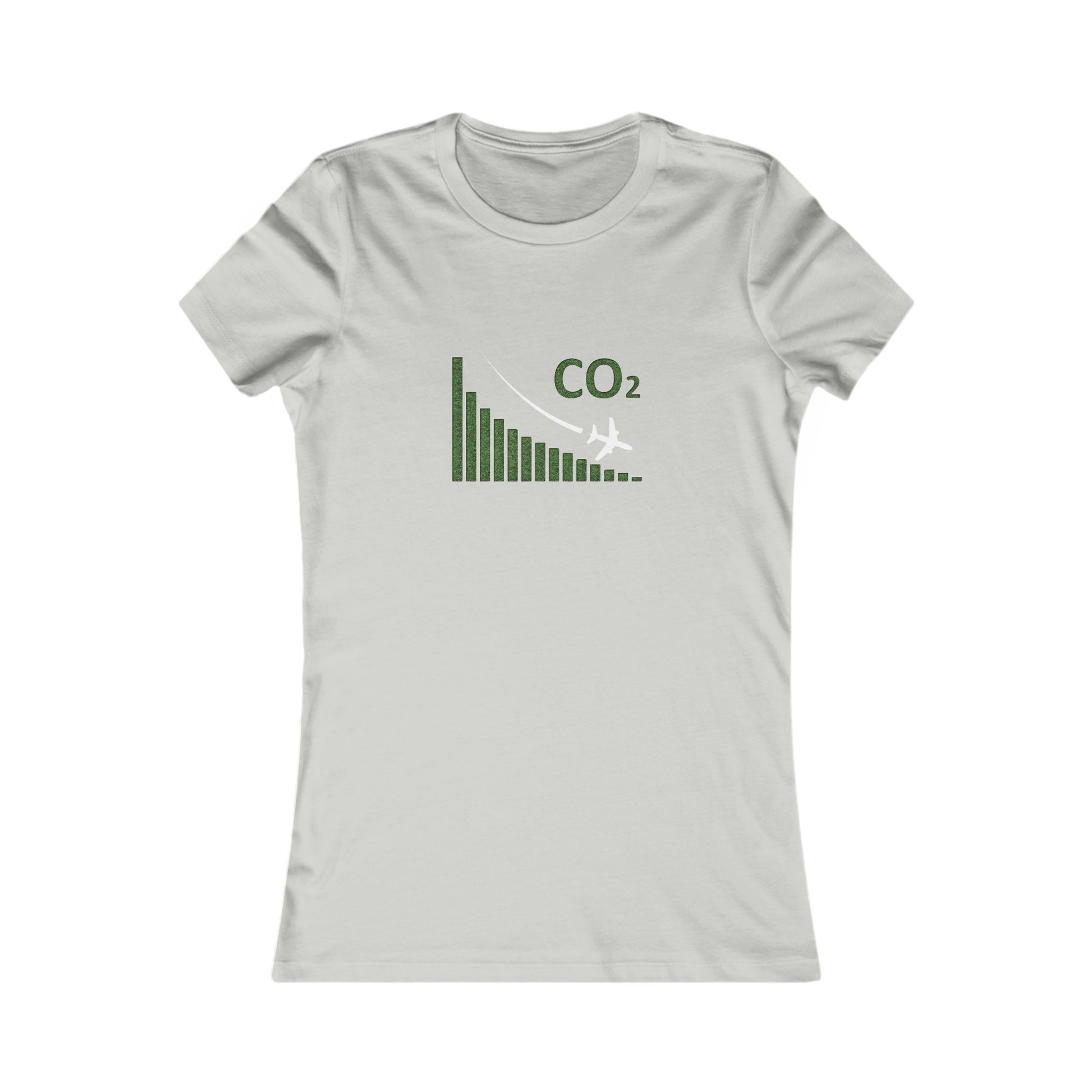 Silver tee with image of a chart with a plane flying downwards and the text CO2 above to denote decreasing CO2 emissions. 