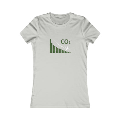Silver tee with image of a chart with a plane flying downwards and the text CO2 above to denote decreasing CO2 emissions. 