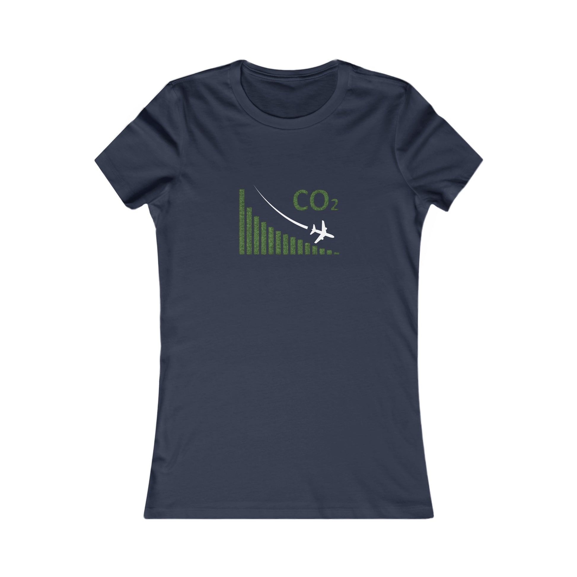 Navy tee with image of a chart with a plane flying downwards and the text CO2 above to denote decreasing CO2 emissions. 