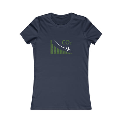 Navy tee with image of a chart with a plane flying downwards and the text CO2 above to denote decreasing CO2 emissions. 