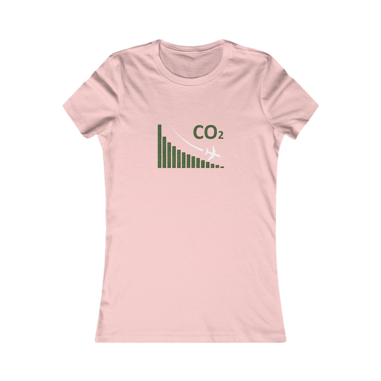 Pink tee with image of a chart with a plane flying downwards and the text CO2 above to denote decreasing CO2 emissions. 