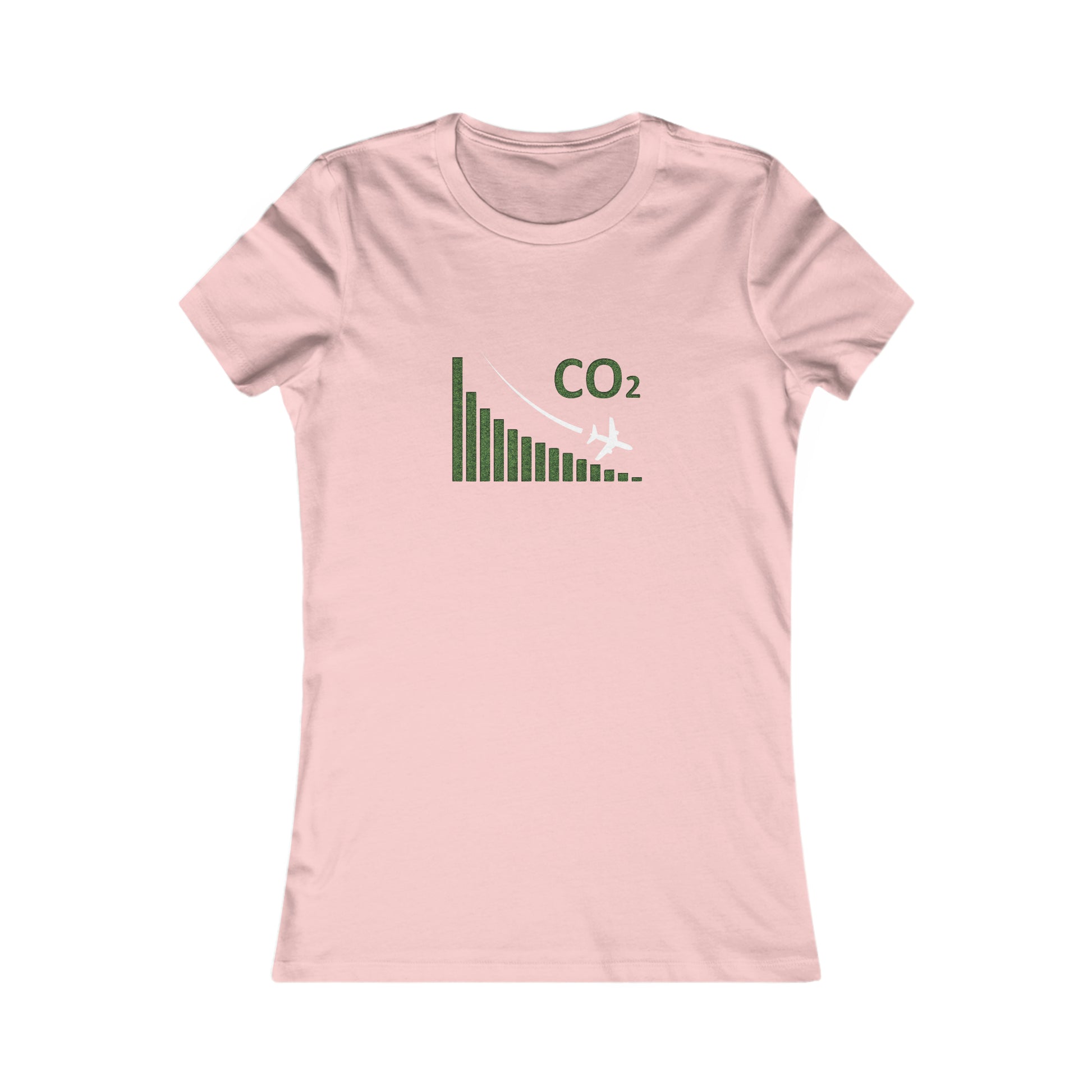 Pink tee with image of a chart with a plane flying downwards and the text CO2 above to denote decreasing CO2 emissions. 