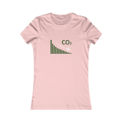 Pink tee with image of a chart with a plane flying downwards and the text CO2 above to denote decreasing CO2 emissions. 