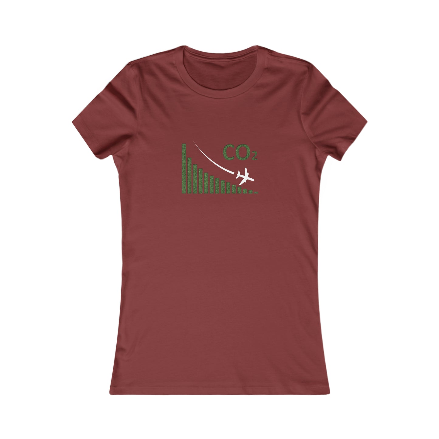 Cardinal tee with image of a chart with a plane flying downwards and the text CO2 above to denote decreasing CO2 emissions. 
