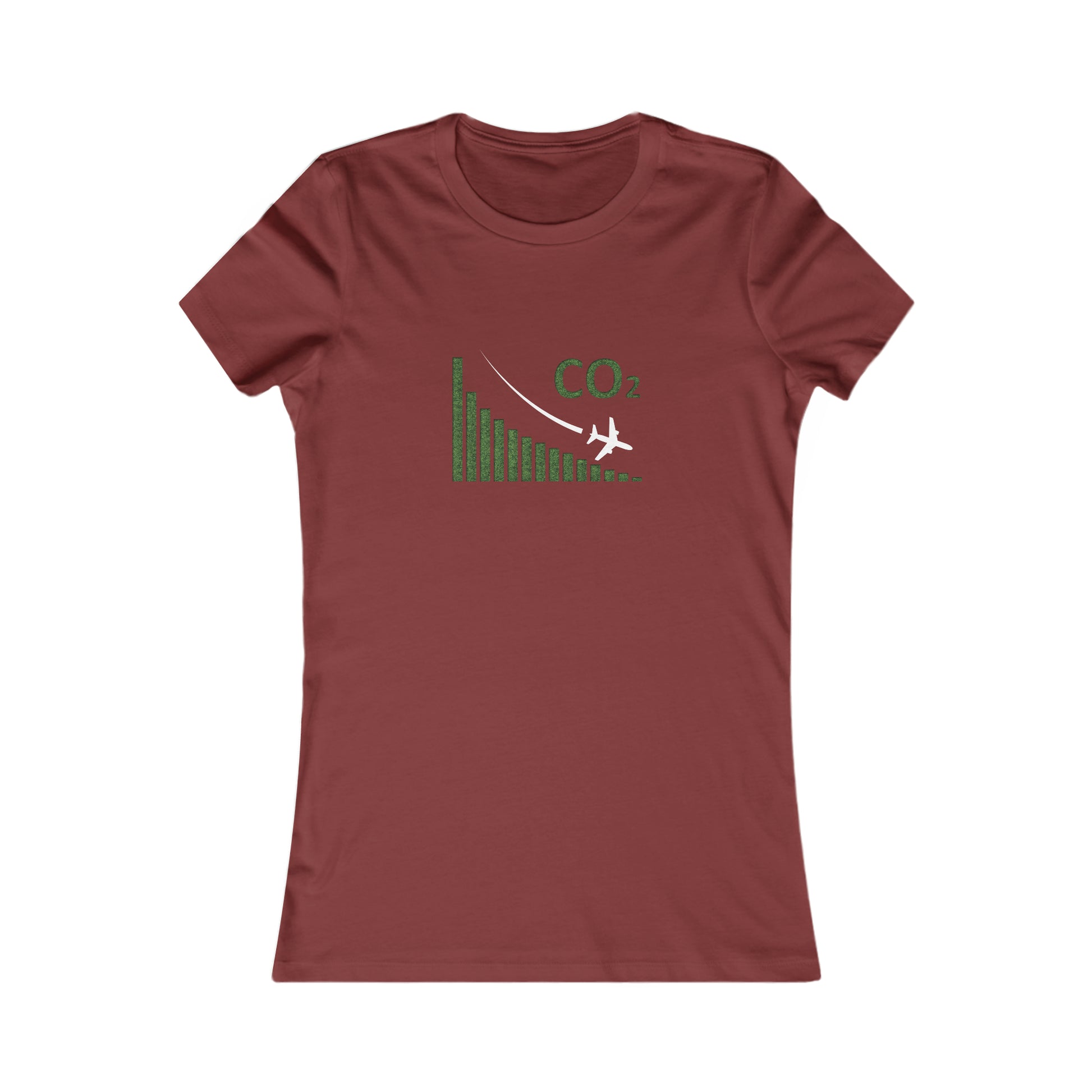 Cardinal tee with image of a chart with a plane flying downwards and the text CO2 above to denote decreasing CO2 emissions. 