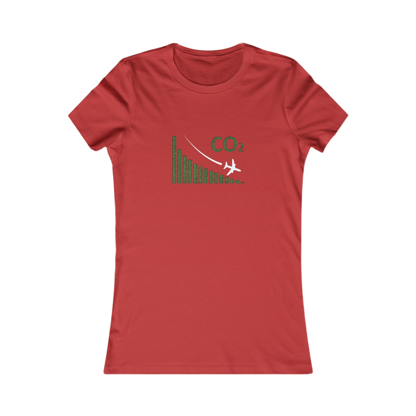 Red tee with image of a chart with a plane flying downwards and the text CO2 above to denote decreasing CO2 emissions. 