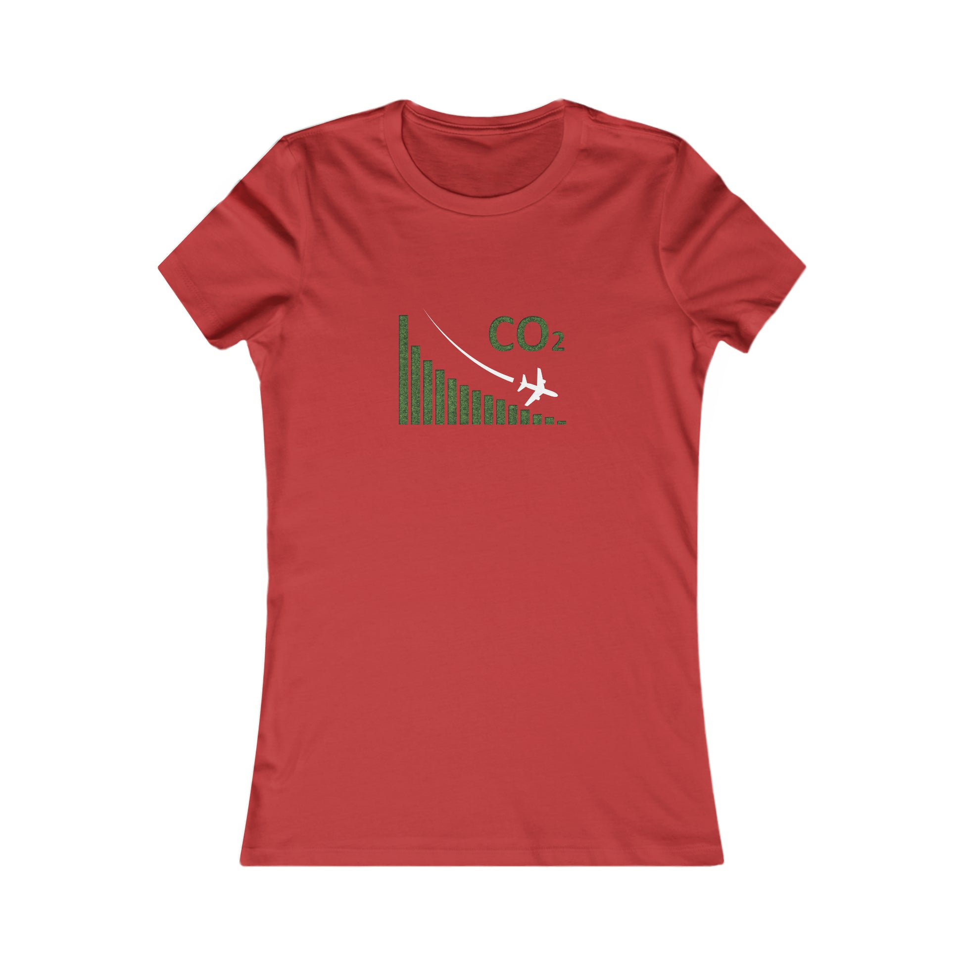Red tee with image of a chart with a plane flying downwards and the text CO2 above to denote decreasing CO2 emissions. 