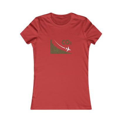 Red tee with image of a chart with a plane flying downwards and the text CO2 above to denote decreasing CO2 emissions. 