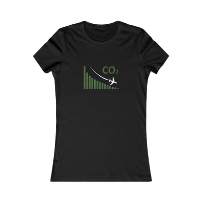 Black tee with image of a chart with a plane flying downwards and the text CO2 above to denote decreasing CO2 emissions. 