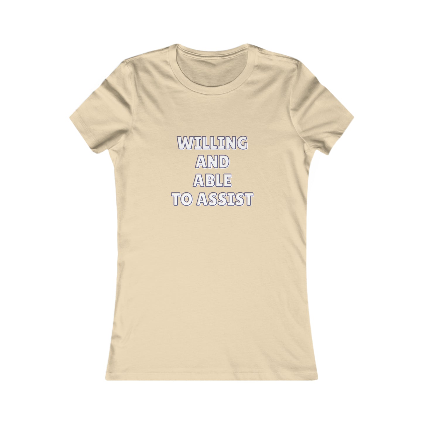 Soft Cream tee  with text 'Willing and able to assist' in white text.