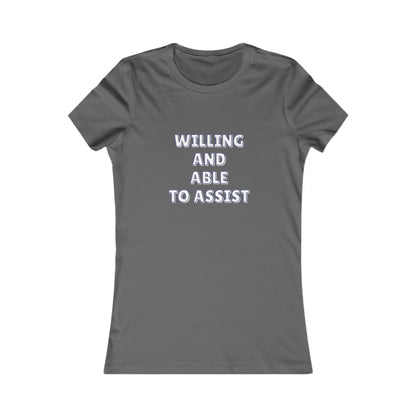 Ashphalt tee  with text 'Willing and able to assist' in white text.