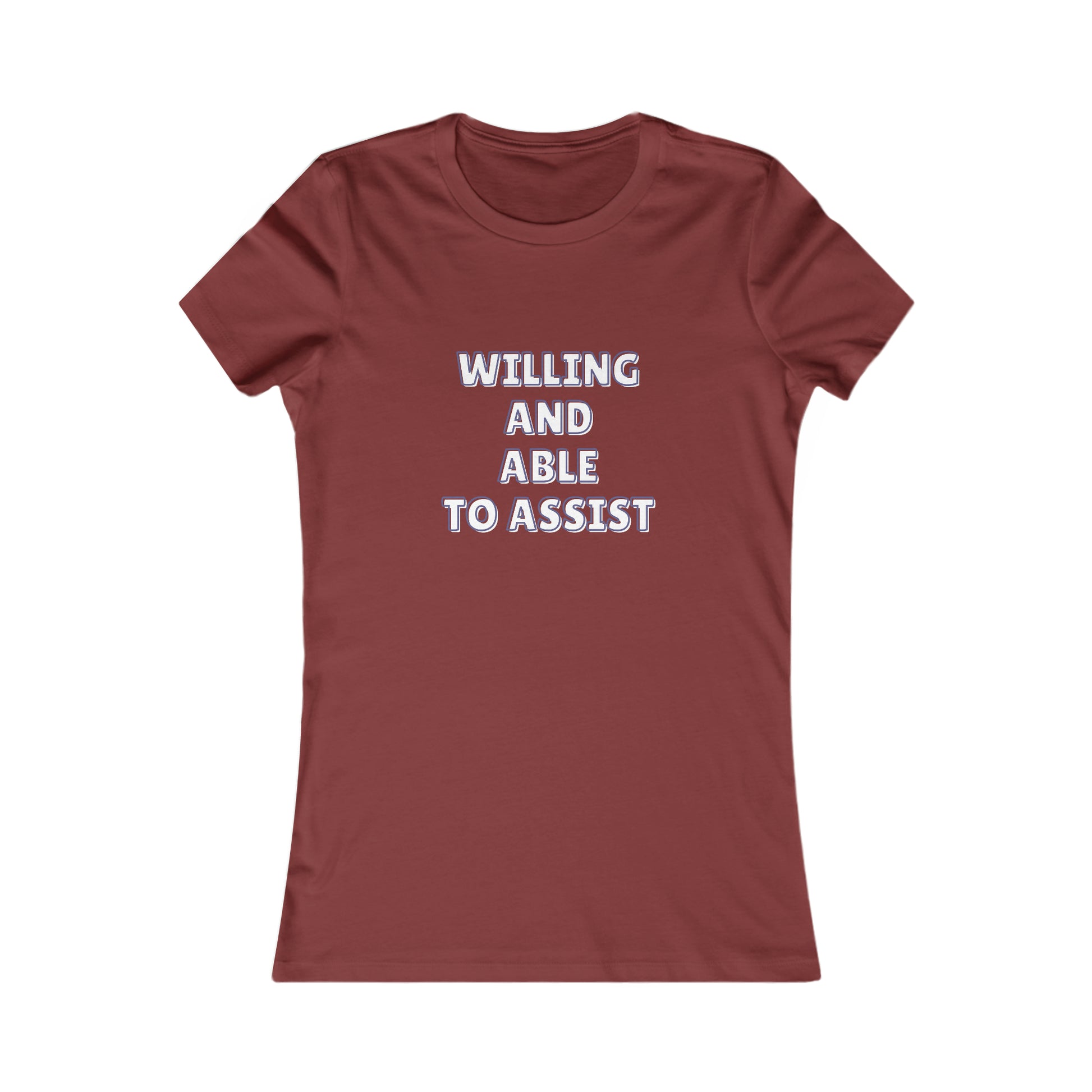 Cardinal tee  with text 'Willing and able to assist' in white text.