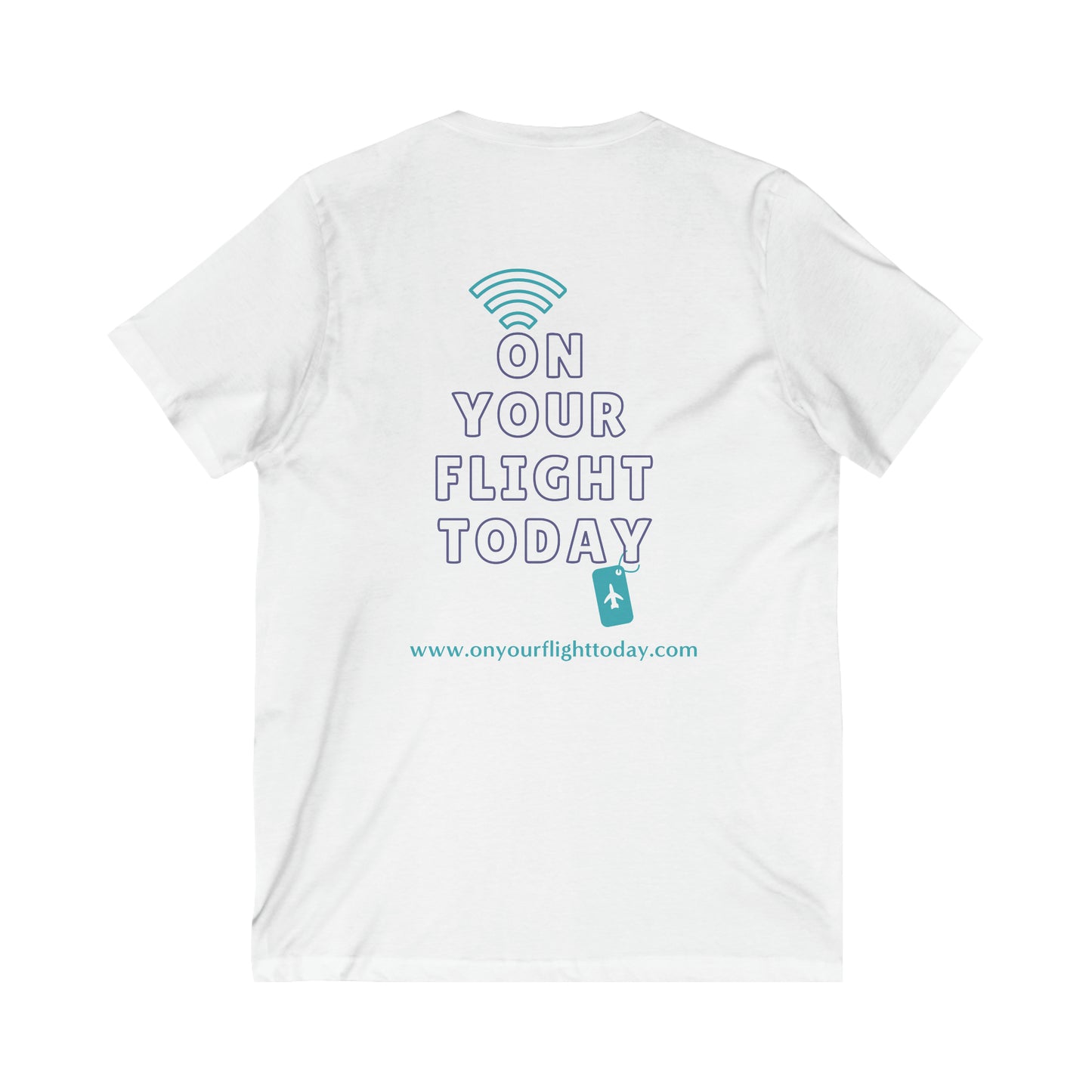 WHite tee back of tee with the On Your Flight Today logo 