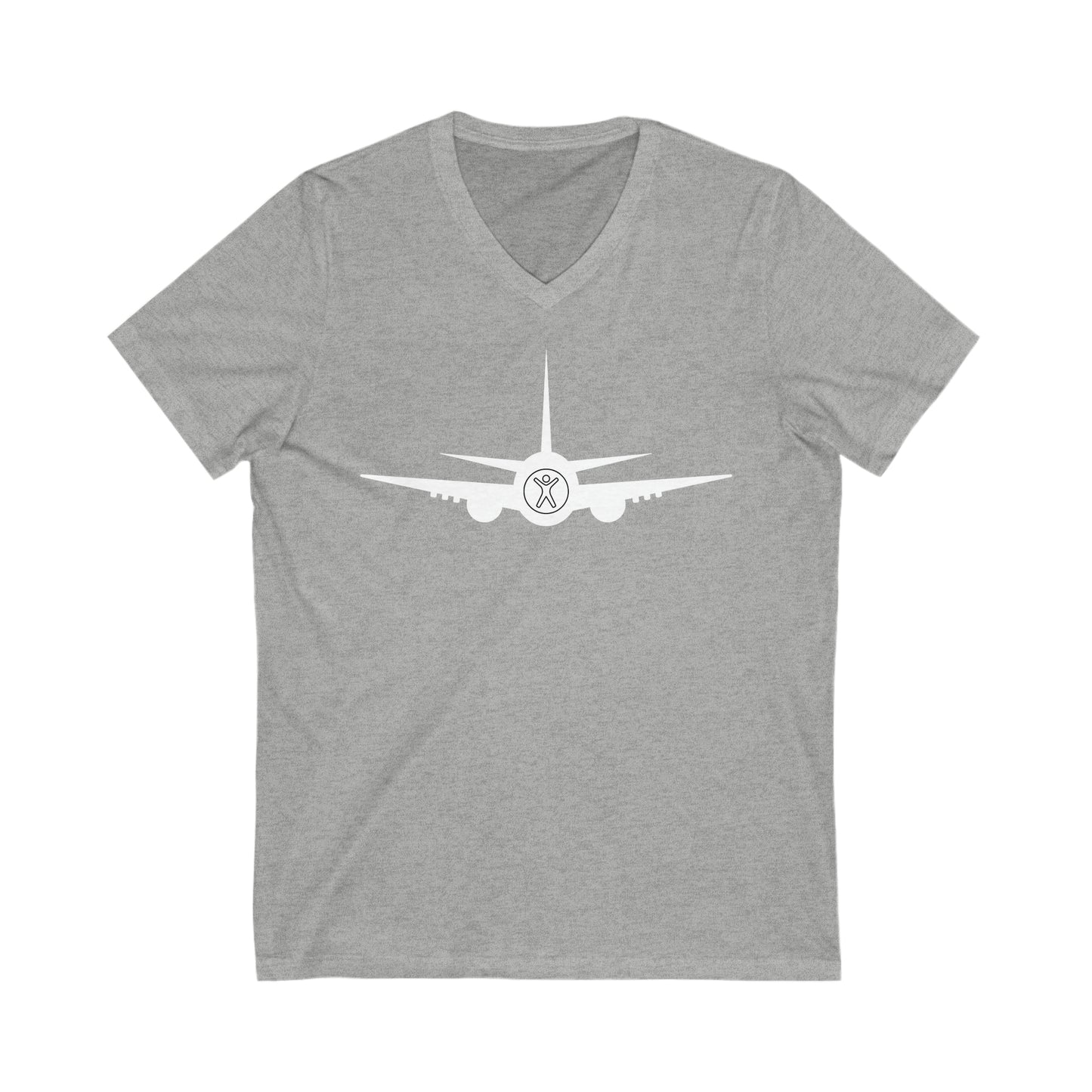 Gray tee with white airplane with the nose showing the accessibility logo of a person with their arms up and legs spread.