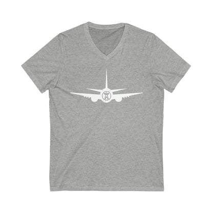Gray tee with white airplane with the nose showing the accessibility logo of a person with their arms up and legs spread.