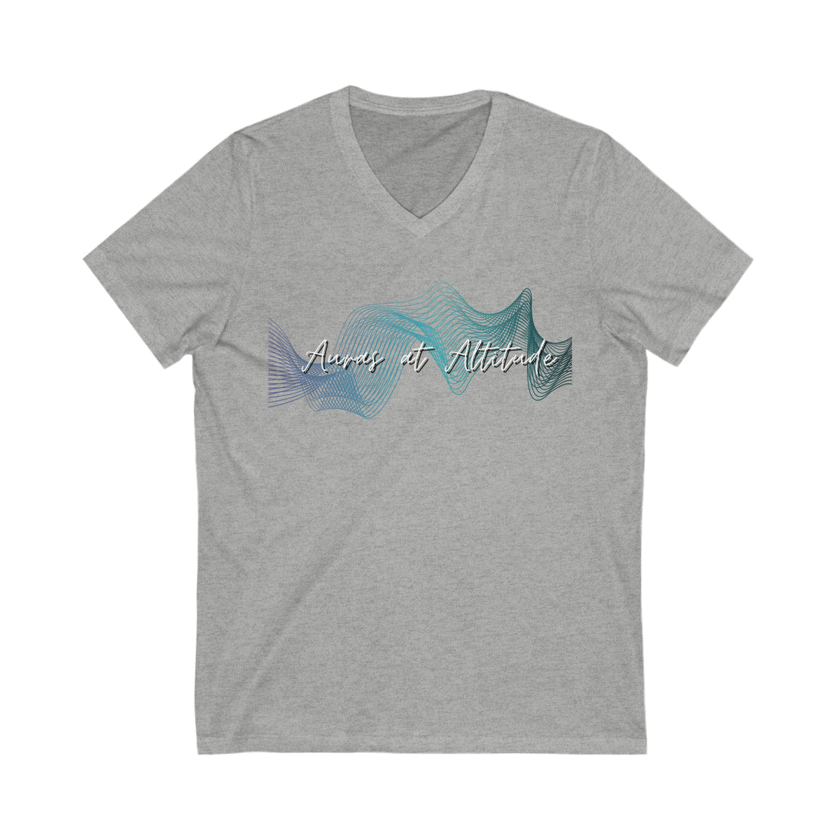 Gray tee Auras at Altitude signature logo tee with text Auras of Altitude. Logo is a set of wave forms in colours green, purple and white.
