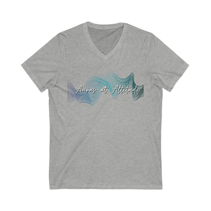 Gray tee Auras at Altitude signature logo tee with text Auras of Altitude. Logo is a set of wave forms in colours green, purple and white.
