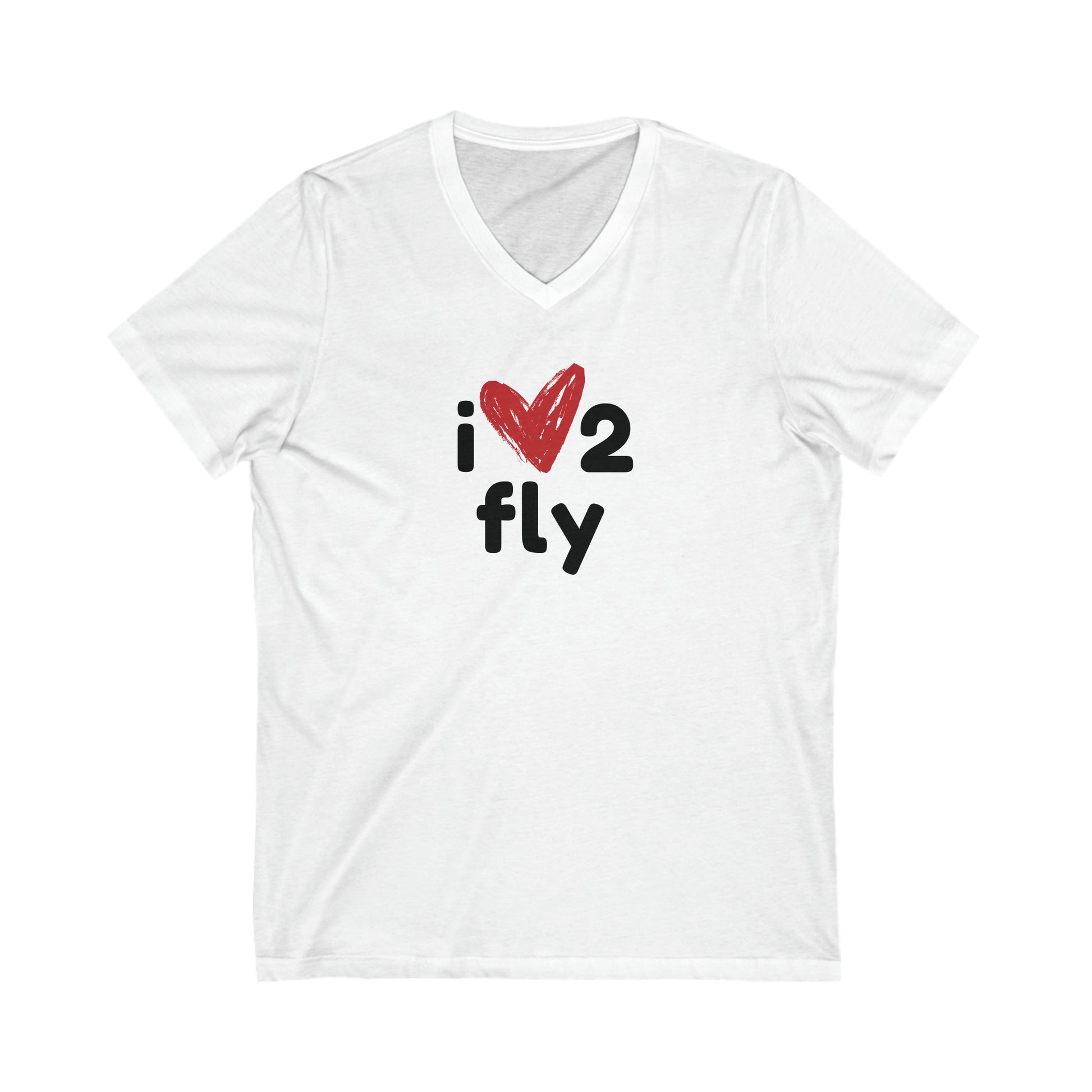 White tee with text 'I' then a heart shape then '2' and below text 'fly'
