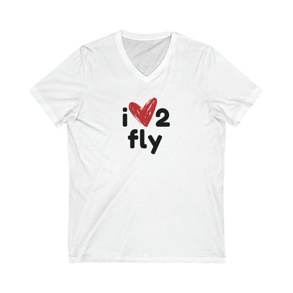 White tee with text 'I' then a heart shape then '2' and below text 'fly'