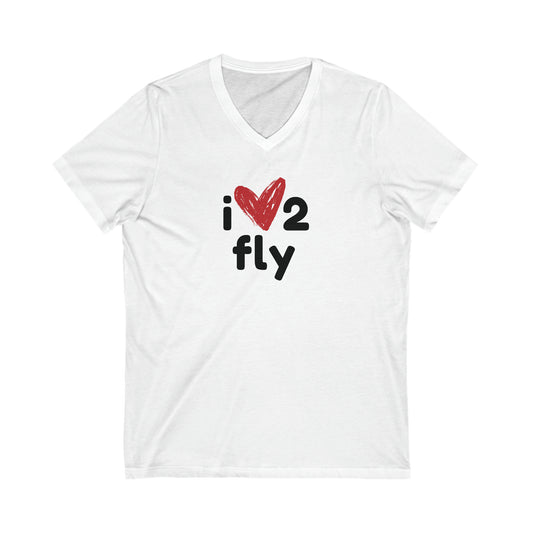 White tee with text 'I' then a heart shape then '2' and below text 'fly'