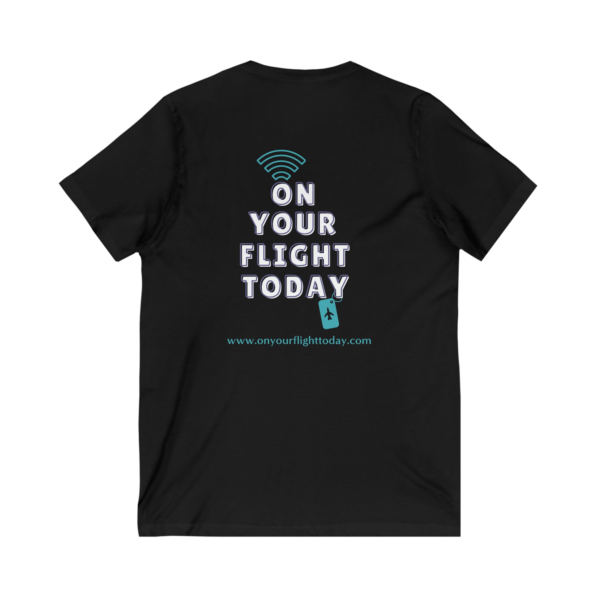 Black back of tee with the On Your Flight Today logo 
