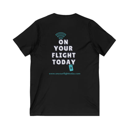 Black back of tee with the On Your Flight Today logo 
