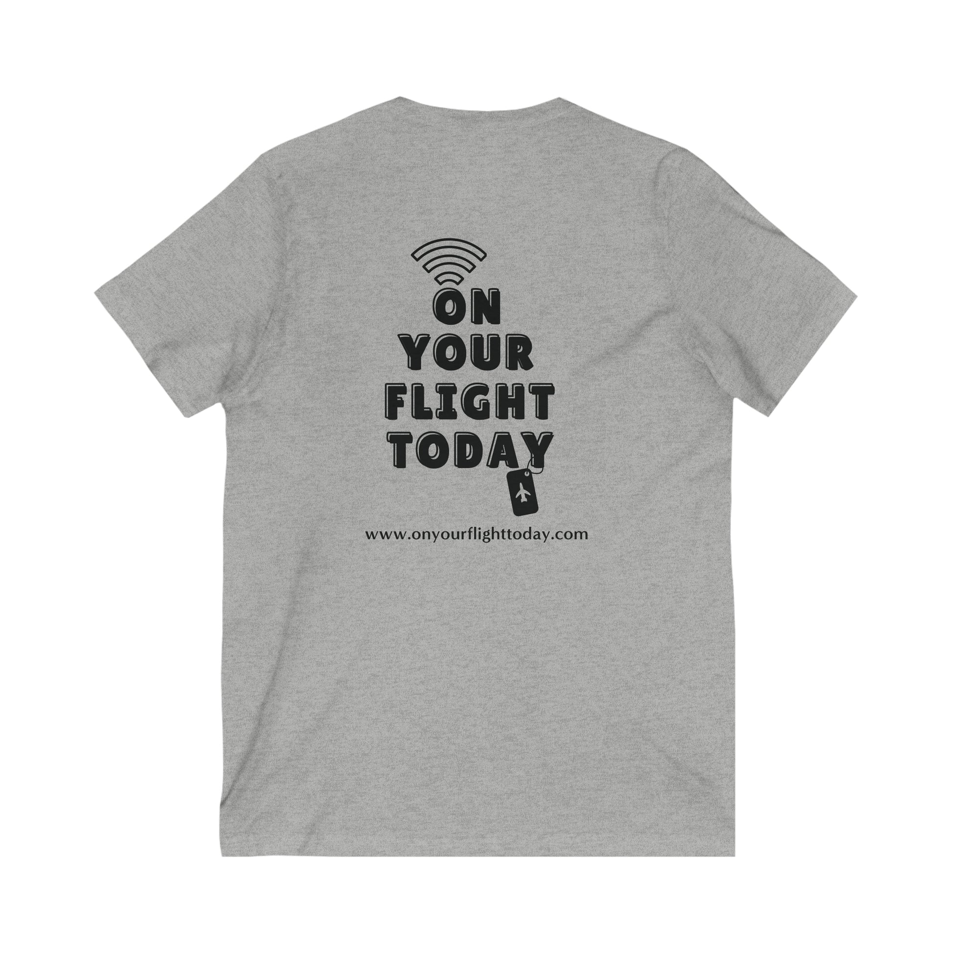 Gray back of tee with the On Your Flight Today logo 