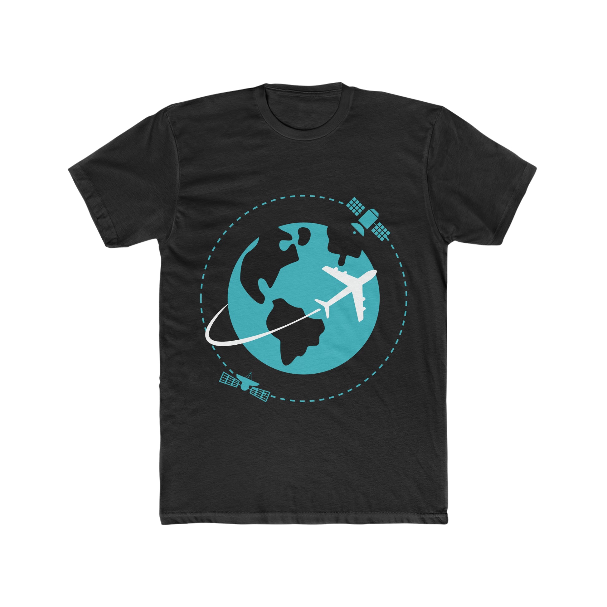 Black tee with image of earth with a plane flying across it and two satellites in orbit.