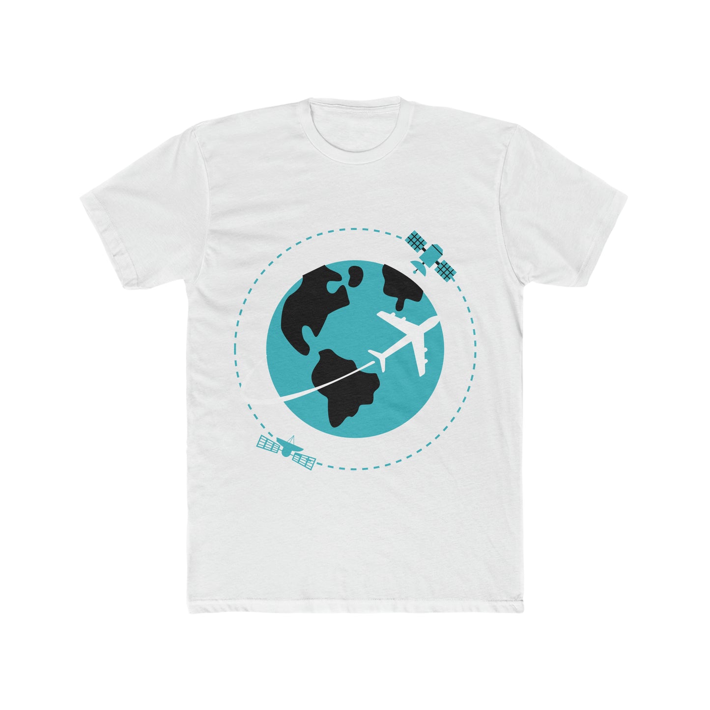 White tee with image of earth with a plane flying across it and two satellites in orbit.