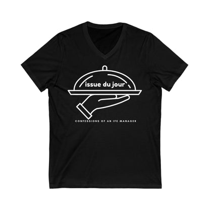 Black tee with a hand holding a platter and the text 'issue due jour' with text below reading 'confessions of an IFE manager'