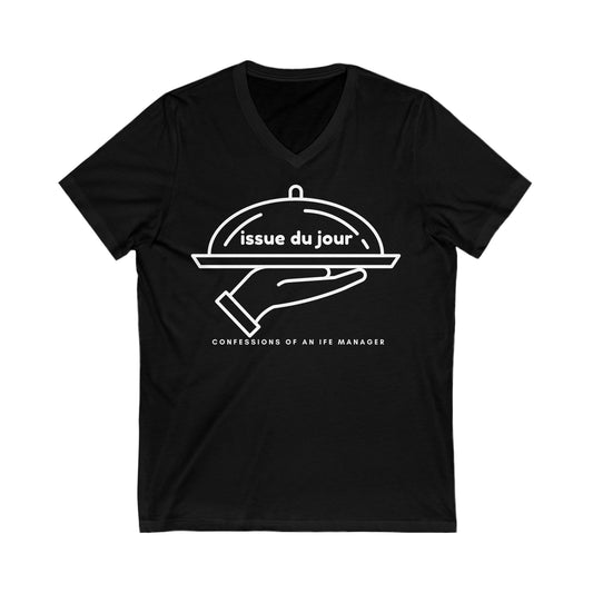 Black tee with a hand holding a platter and the text 'issue due jour' with text below reading 'confessions of an IFE manager'