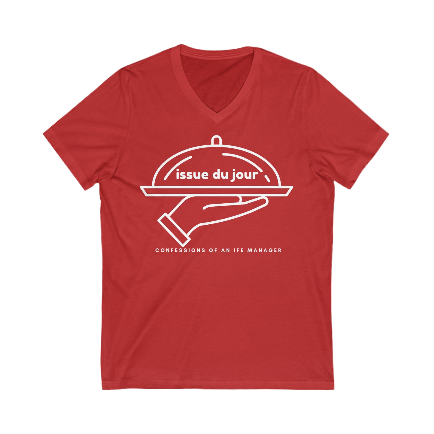 Red  tee with a hand holding a platter and the text 'issue due jour' with text below reading 'confessions of an IFE manager'