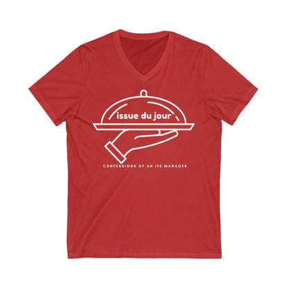 Red  tee with a hand holding a platter and the text 'issue due jour' with text below reading 'confessions of an IFE manager'