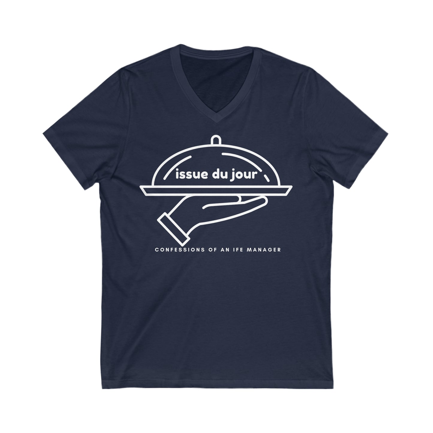 Navy tee with a hand holding a platter and the text 'issue due jour' with text below reading 'confessions of an IFE manager'