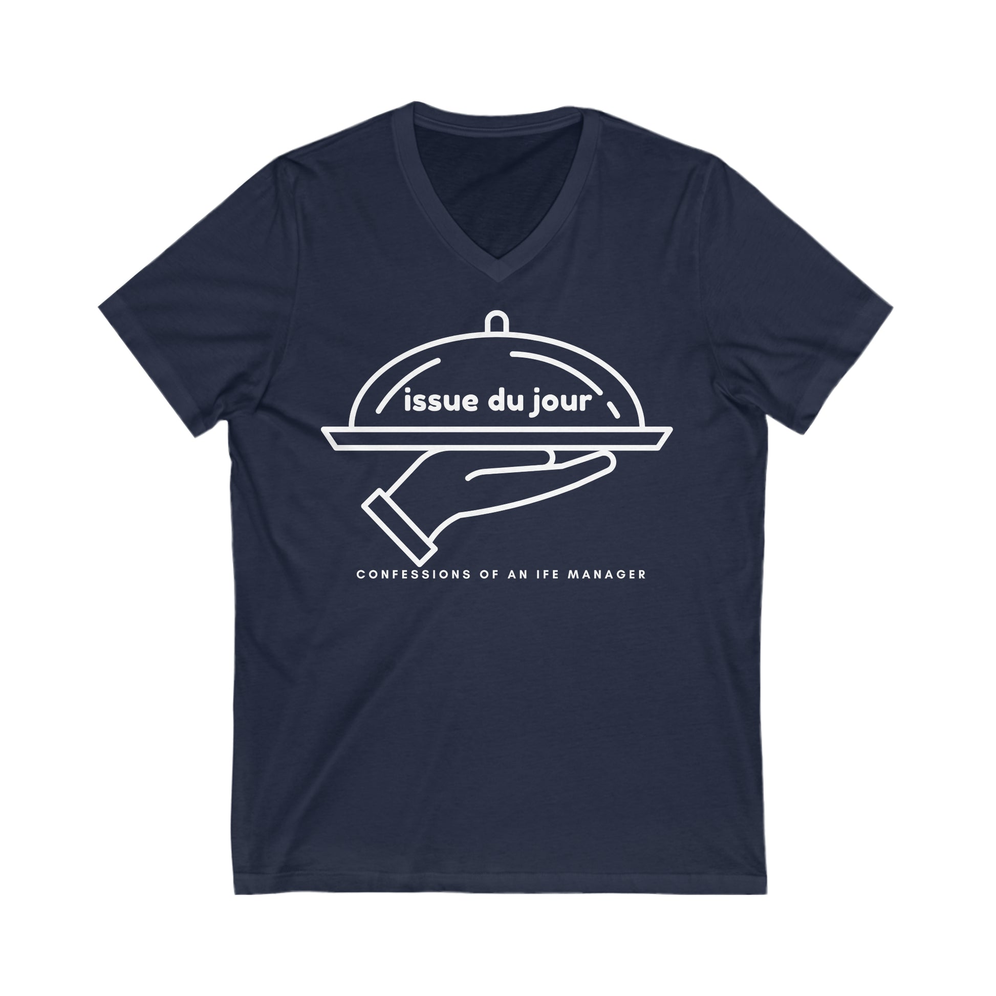 Navy tee with a hand holding a platter and the text 'issue due jour' with text below reading 'confessions of an IFE manager'