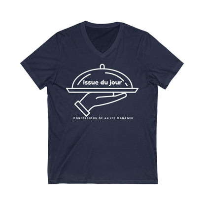 Navy tee with a hand holding a platter and the text 'issue due jour' with text below reading 'confessions of an IFE manager'