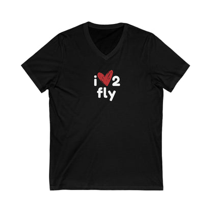 Black tee with text 'I' then a heart shape then '2' and below text 'fly'