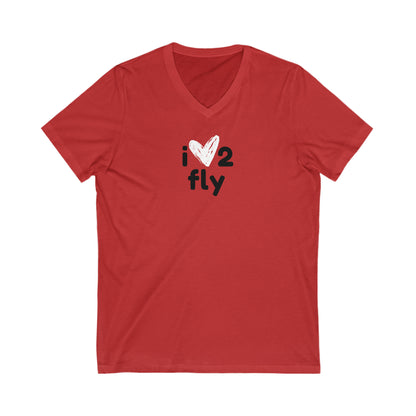 Red  tee with text 'I' then a heart shape then '2' and below text 'fly'