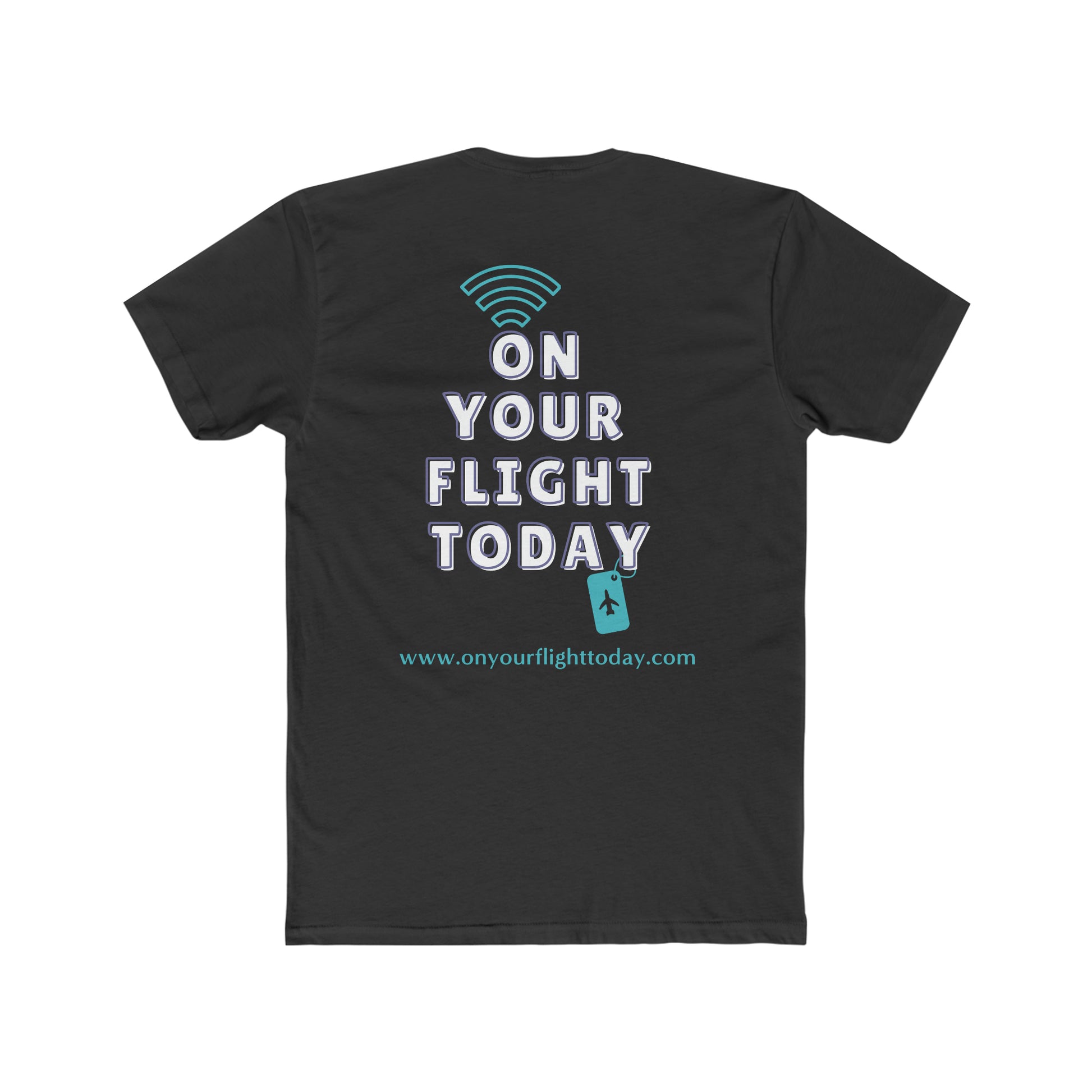 Black  back of tee with the On Your Flight Today logo 