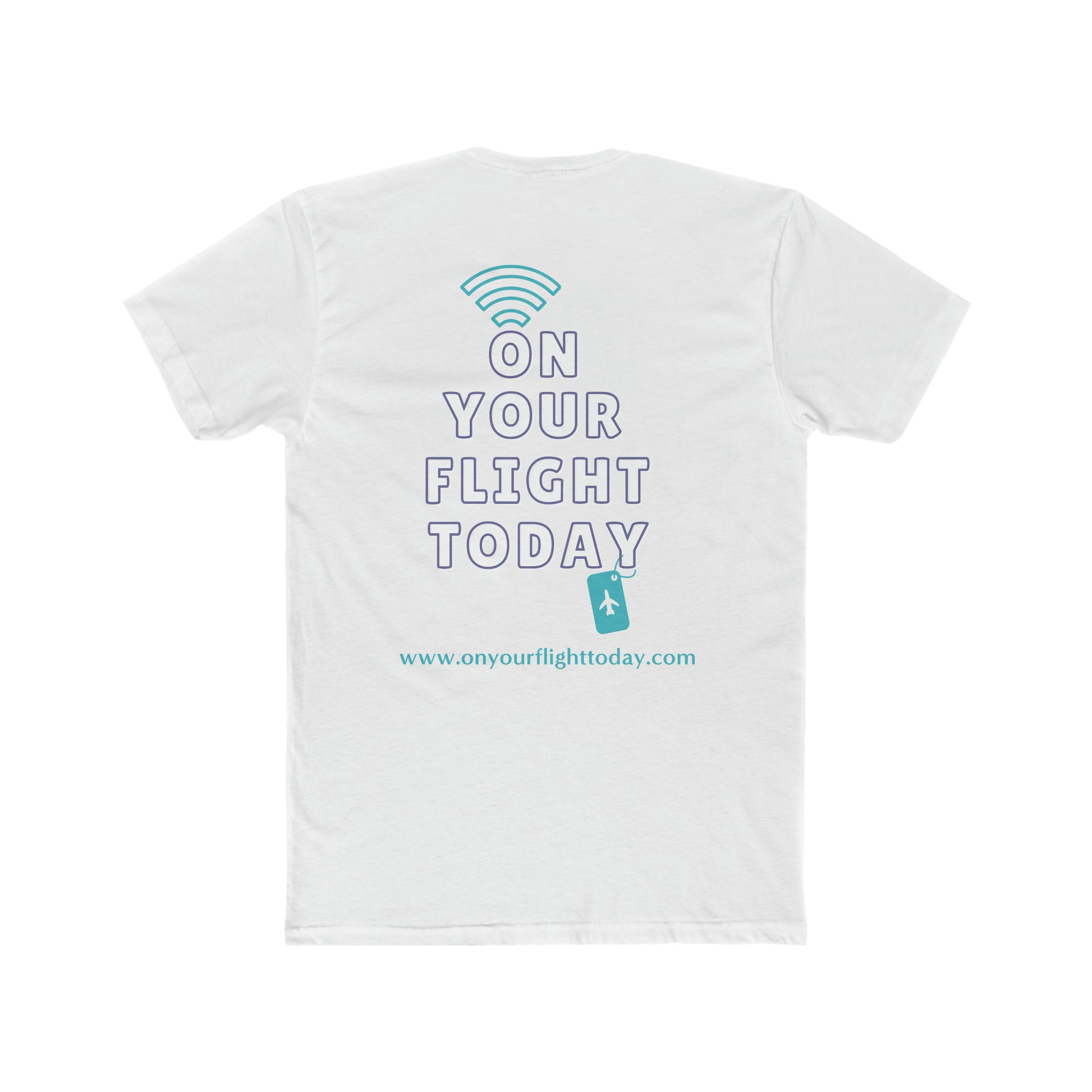 White  back of tee with the On Your Flight Today logo 