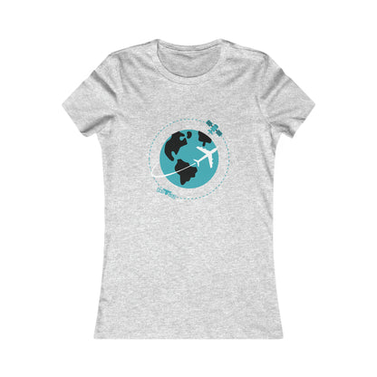 Athletic Heather tee with image of earth with a plane flying across it and two satellites in orbit.